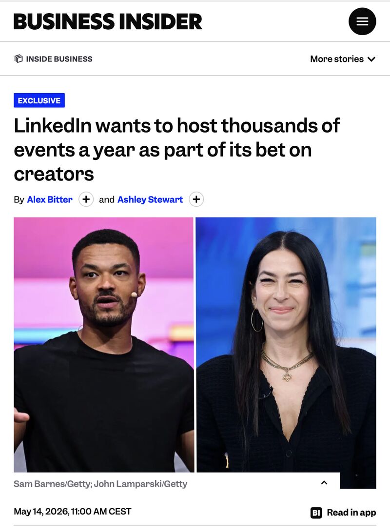 Business Insider article announcing LinkedIn’s plan to host thousands of creator events each year.