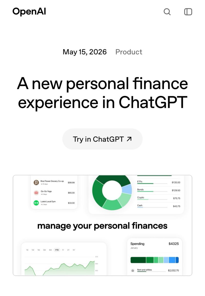 OpenAI webpage introducing a personal finance experience in ChatGPT with spending and investment dashboards.