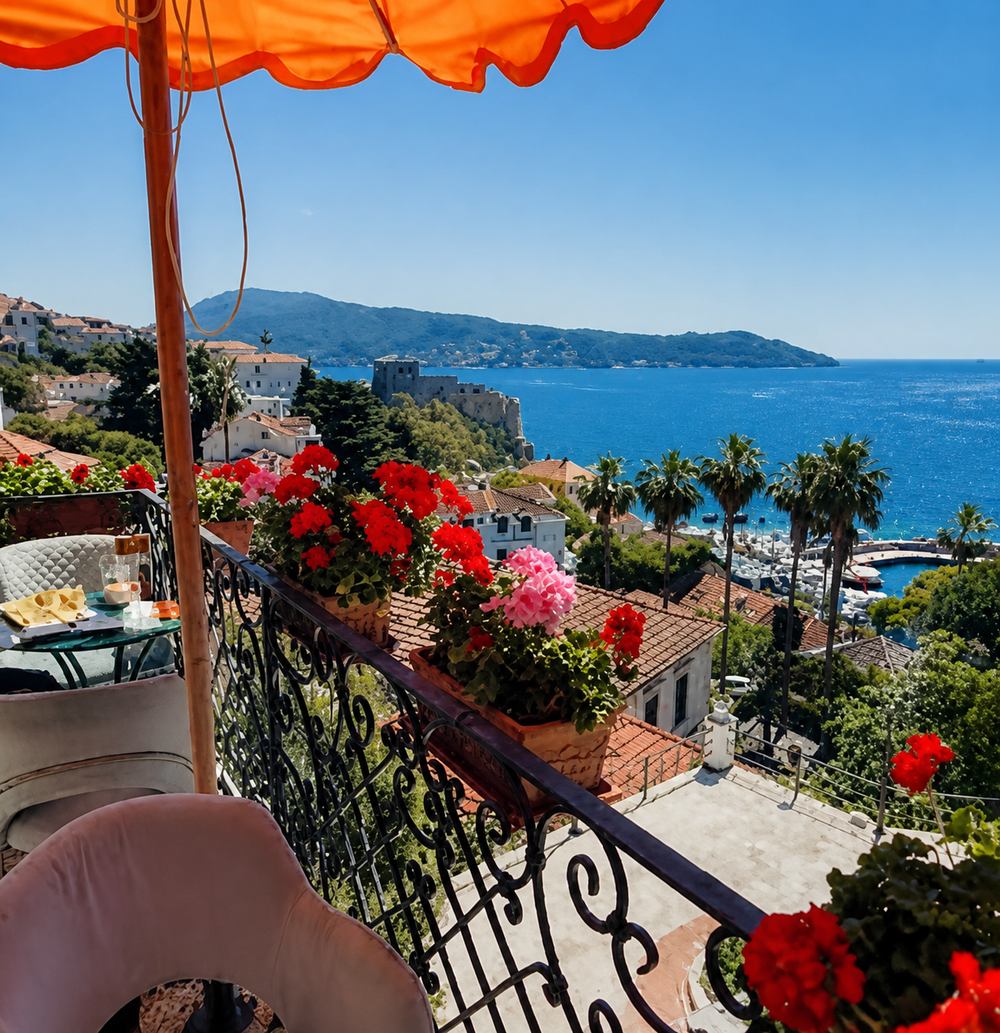 Sunny terrace in Herceg Novi overlooking red-tiled roofs, palm trees and the blue Bay of Kotor.