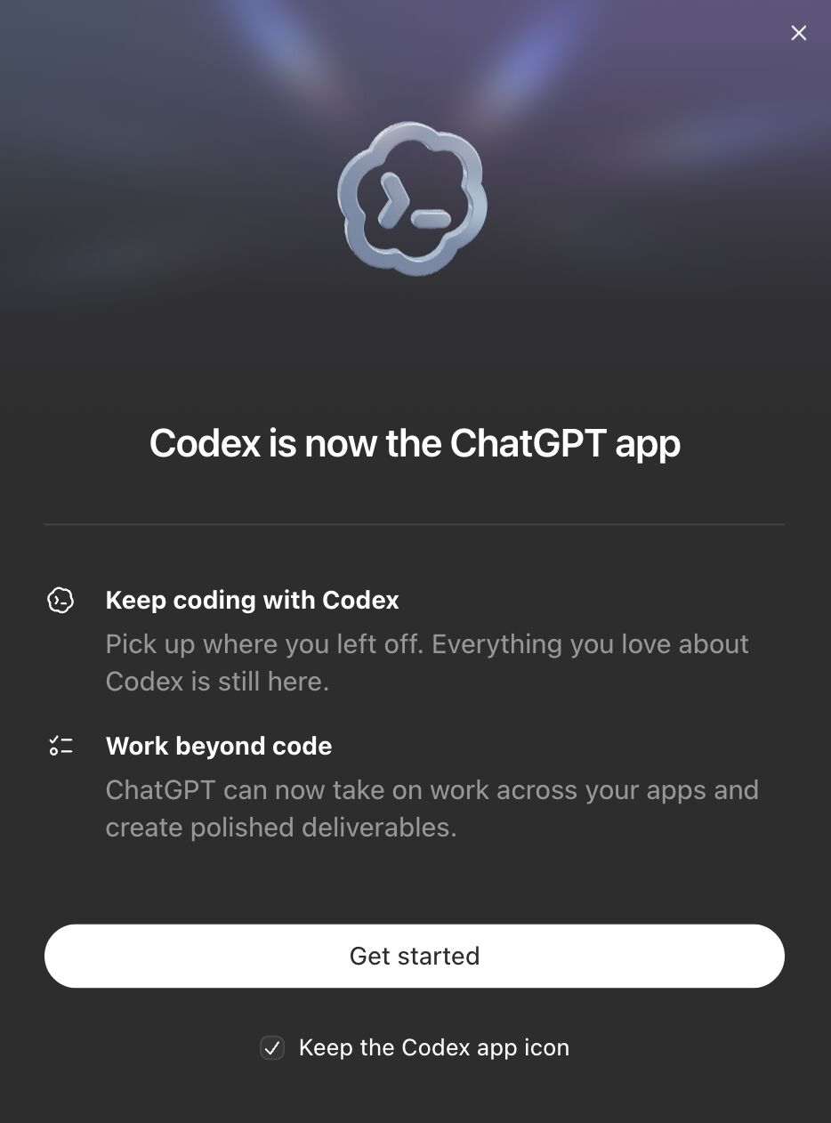 ChatGPT desktop welcome screen announcing “Codex is now the ChatGPT app”, with options to keep coding and work across apps.
