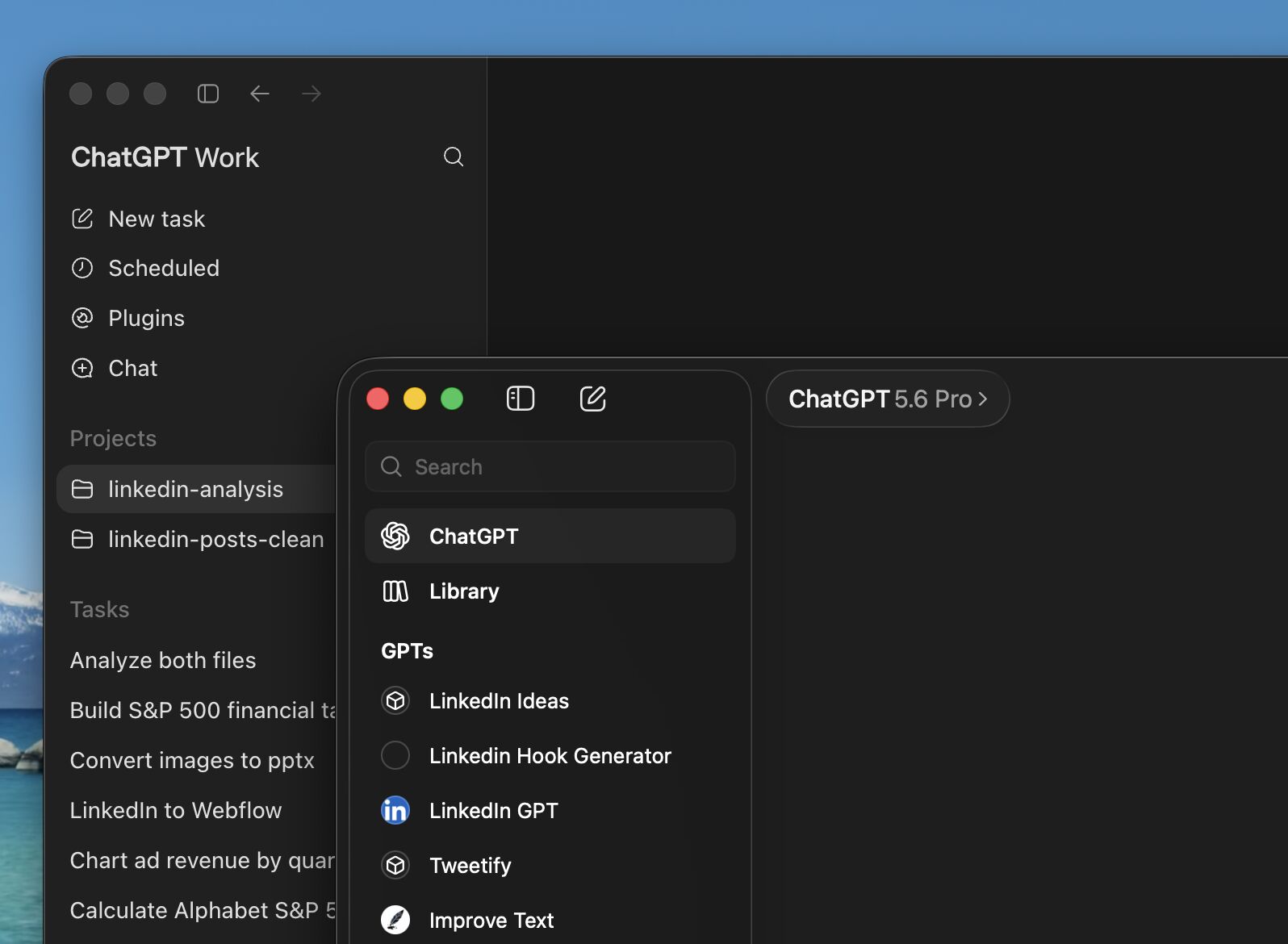 ChatGPT Work desktop interface alongside a menu of ChatGPT tools and GPTs, illustrating overlapping products and model choices.
