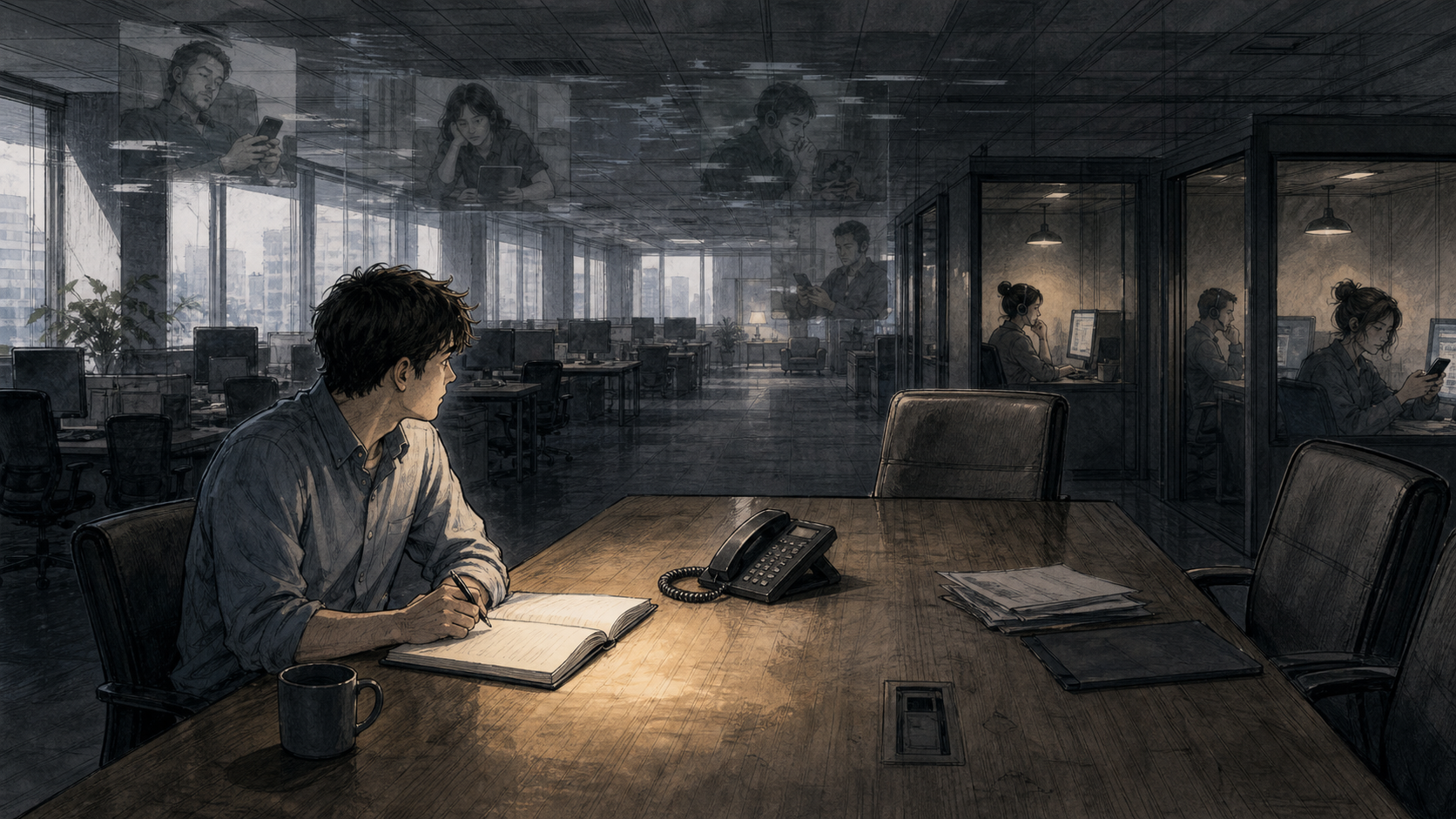 A lone employee waits at a Friday meeting table while ghostly remote colleagues are distracted by phones and screens.