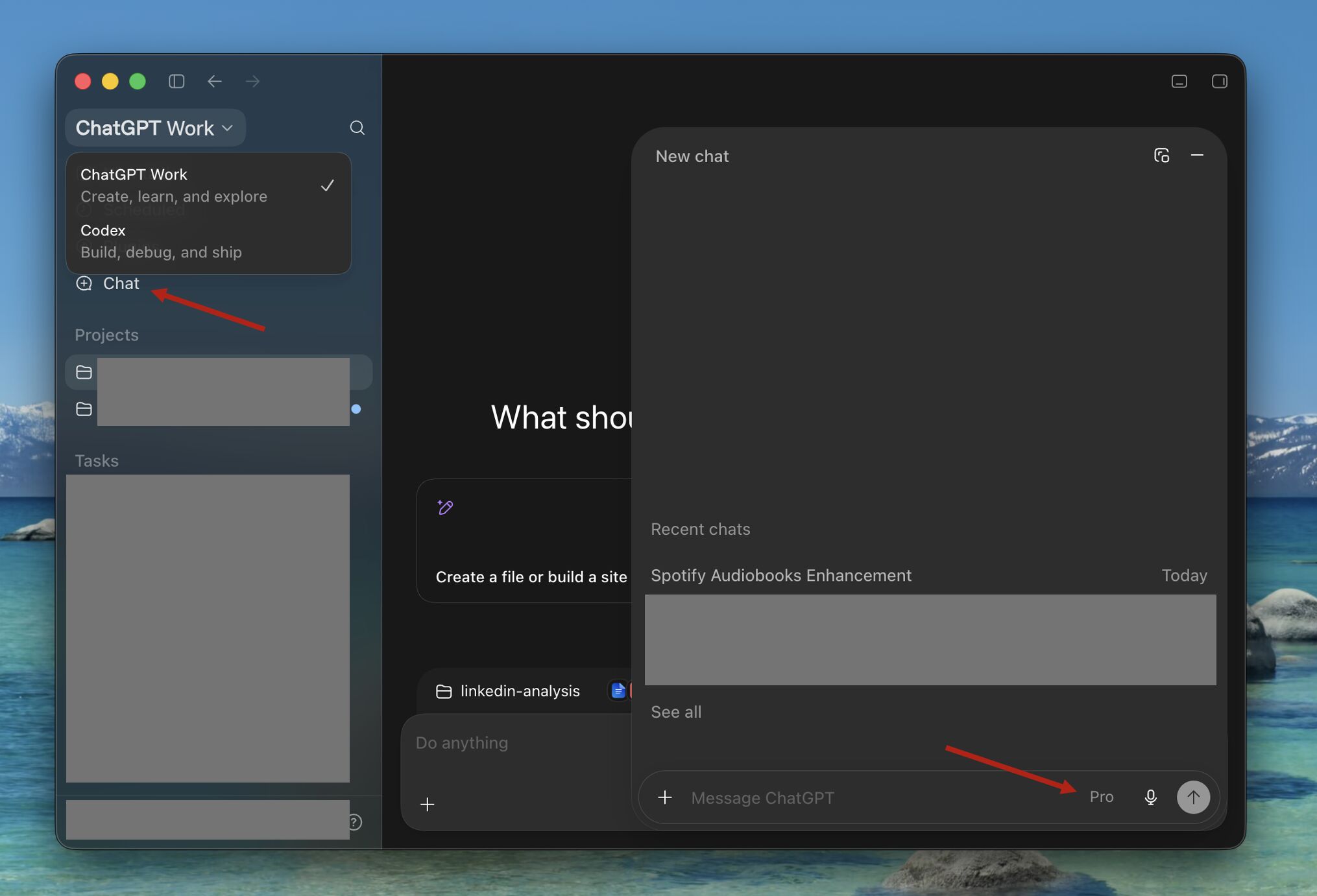 ChatGPT desktop interface showing a switch between ChatGPT Work and Codex, plus a separate ChatGPT chat window set to Pro.
