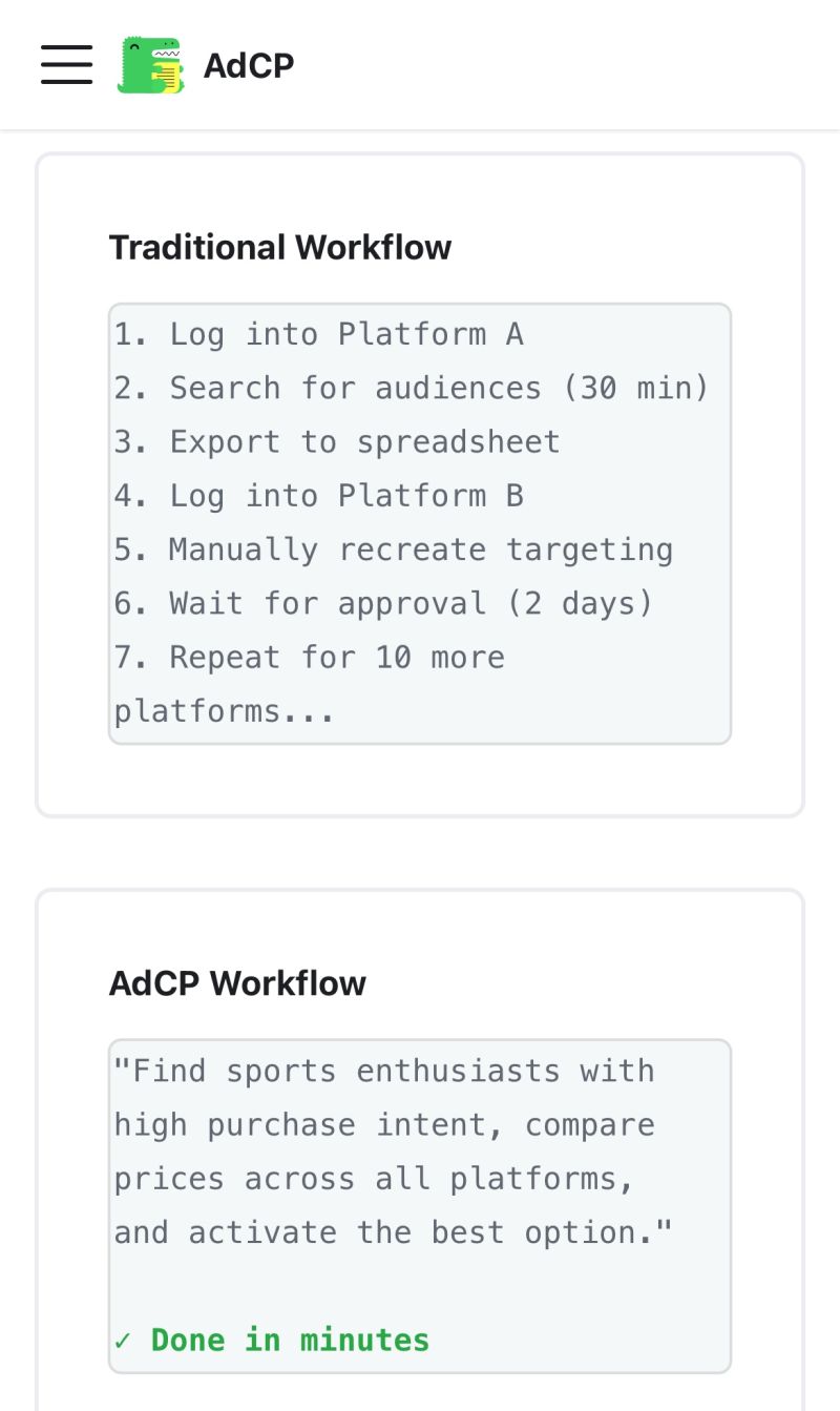 AdCP comparison showing a seven-step cross-platform advertising workflow reduced to one natural-language brief completed in minutes.
