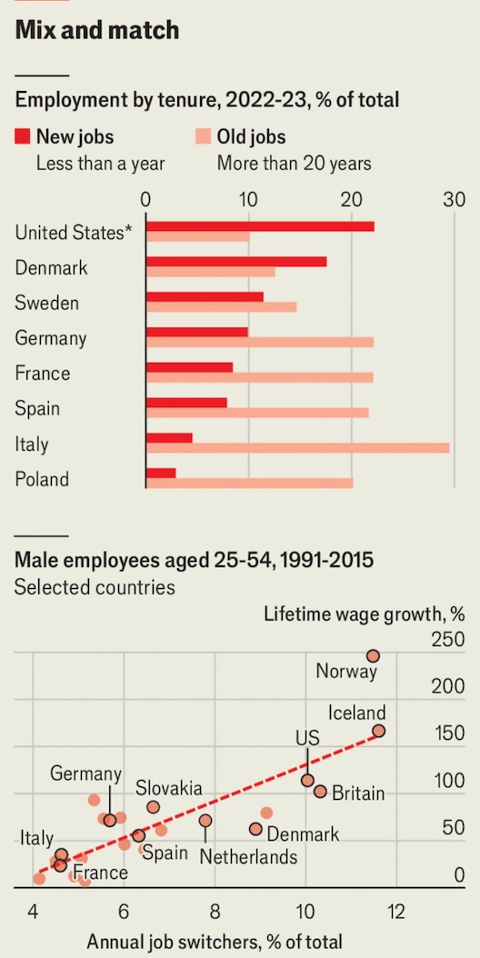 Two charts compare job tenure by country and show higher job-switching rates associated with stronger lifetime wage growth.