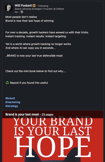 LinkedIn post arguing that as growth hacks fade and AI copies tactics, brand is the last defensible advantage.