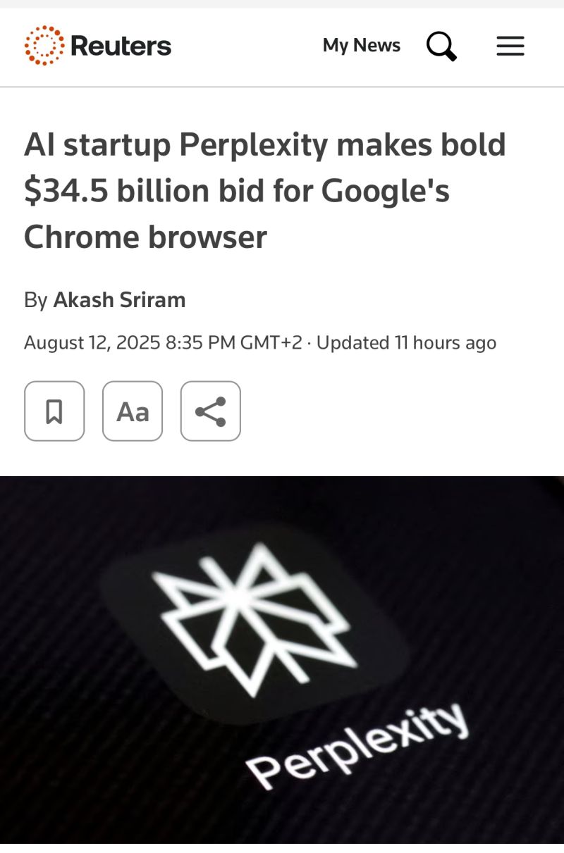 Reuters report on Perplexity's $34.5 billion bid for Google's Chrome browser beside the Perplexity app logo.
