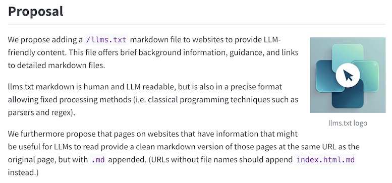 llms.txt proposal explaining a standard Markdown file that gives language models website information and links.