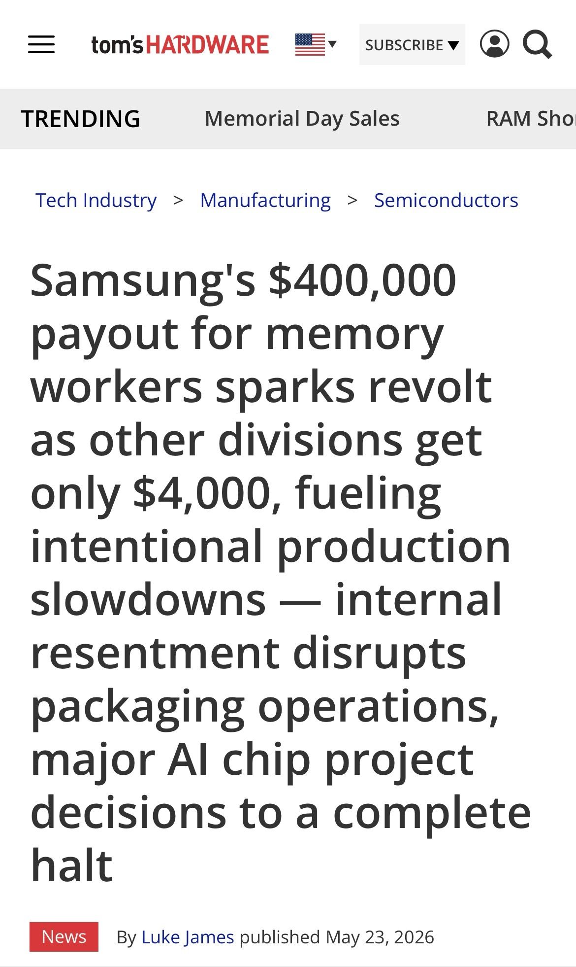 Tom’s Hardware headline: Samsung’s $400,000 memory-worker payout sparks revolt as other divisions receive only $4,000.