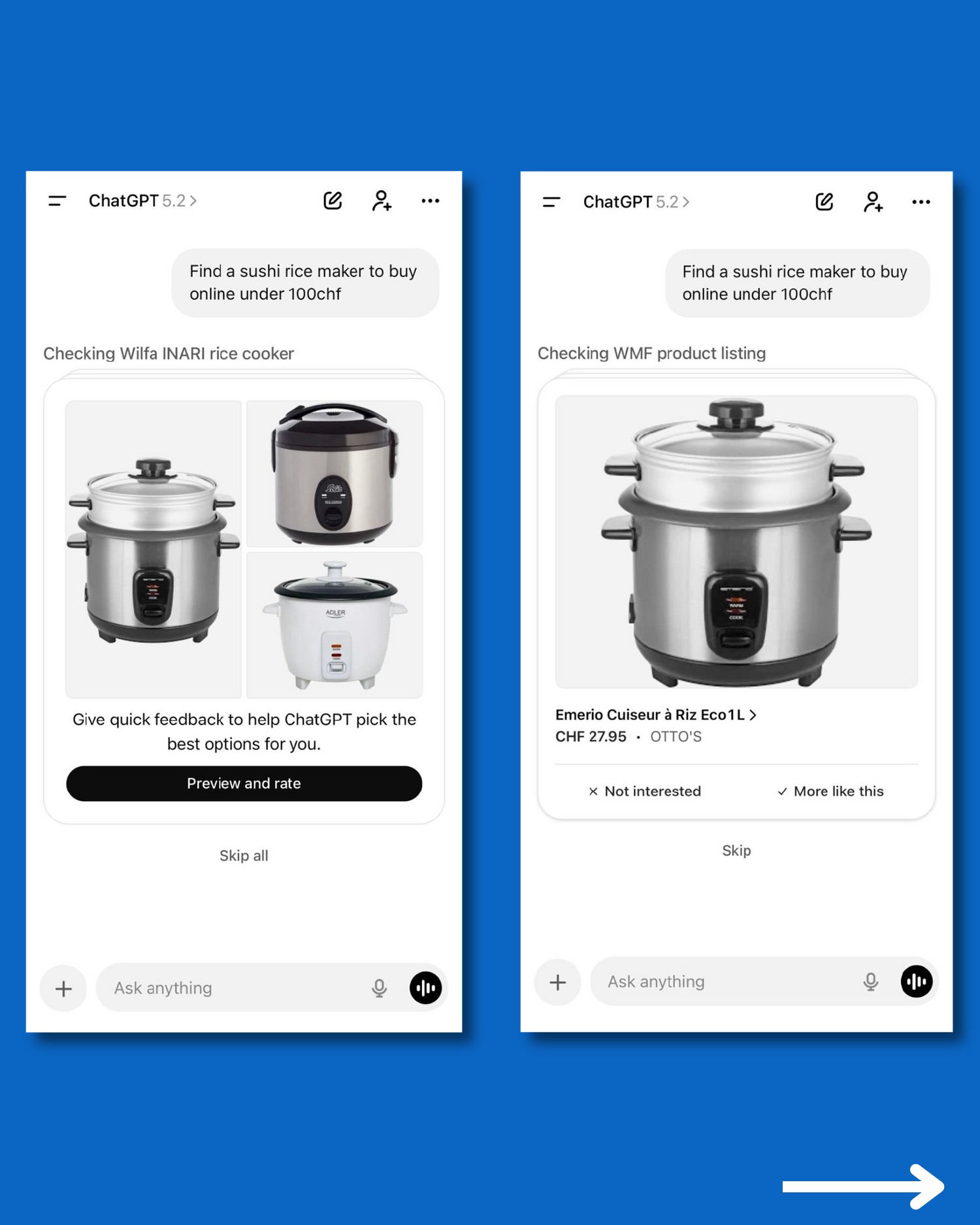 ChatGPT Shopping Research compares rice cookers and asks for feedback, showing the Emerio Eco1L at CHF 27.95 among the options.