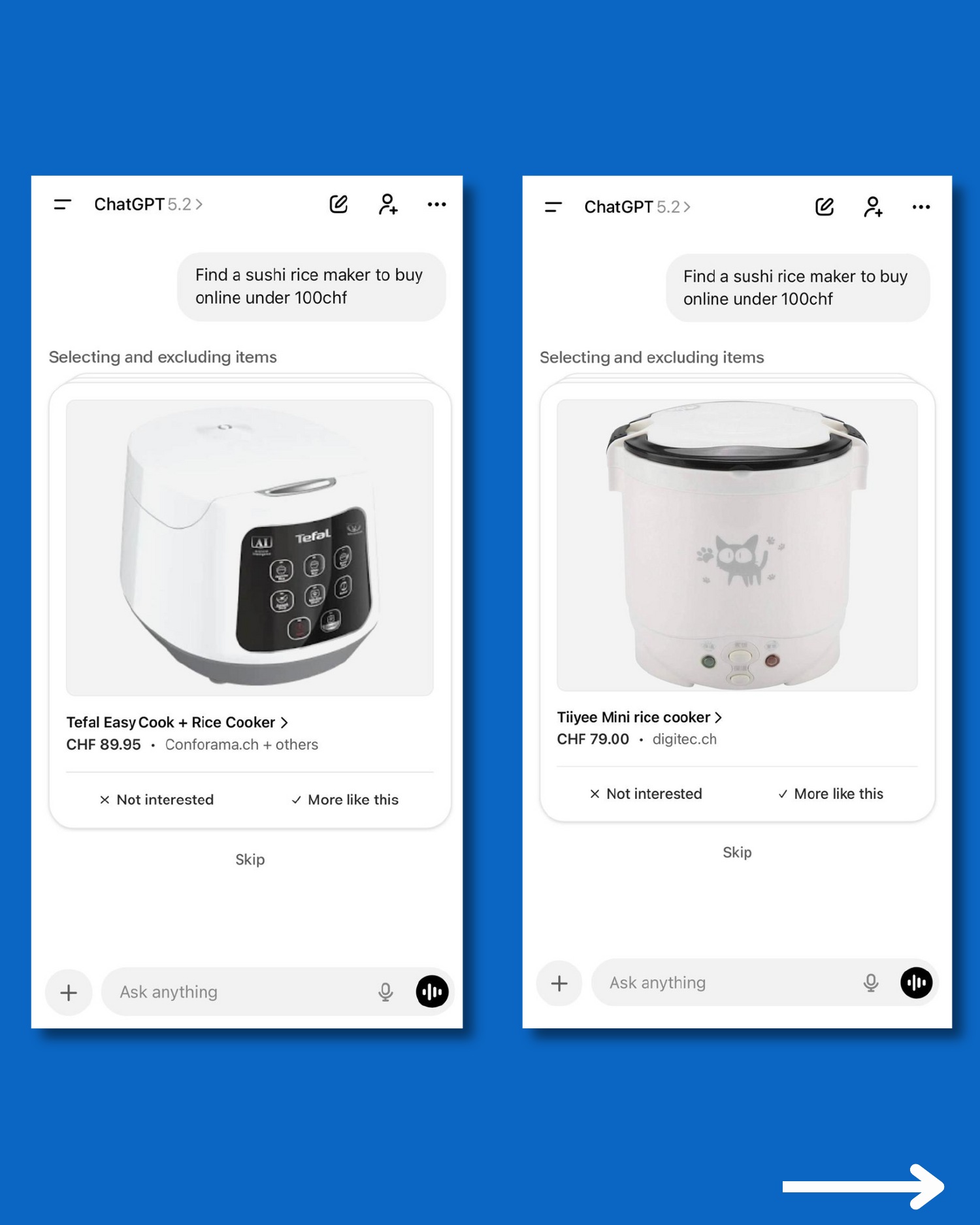 ChatGPT Shopping Research compares Tefal and Tiyee rice cookers while selecting and excluding products.