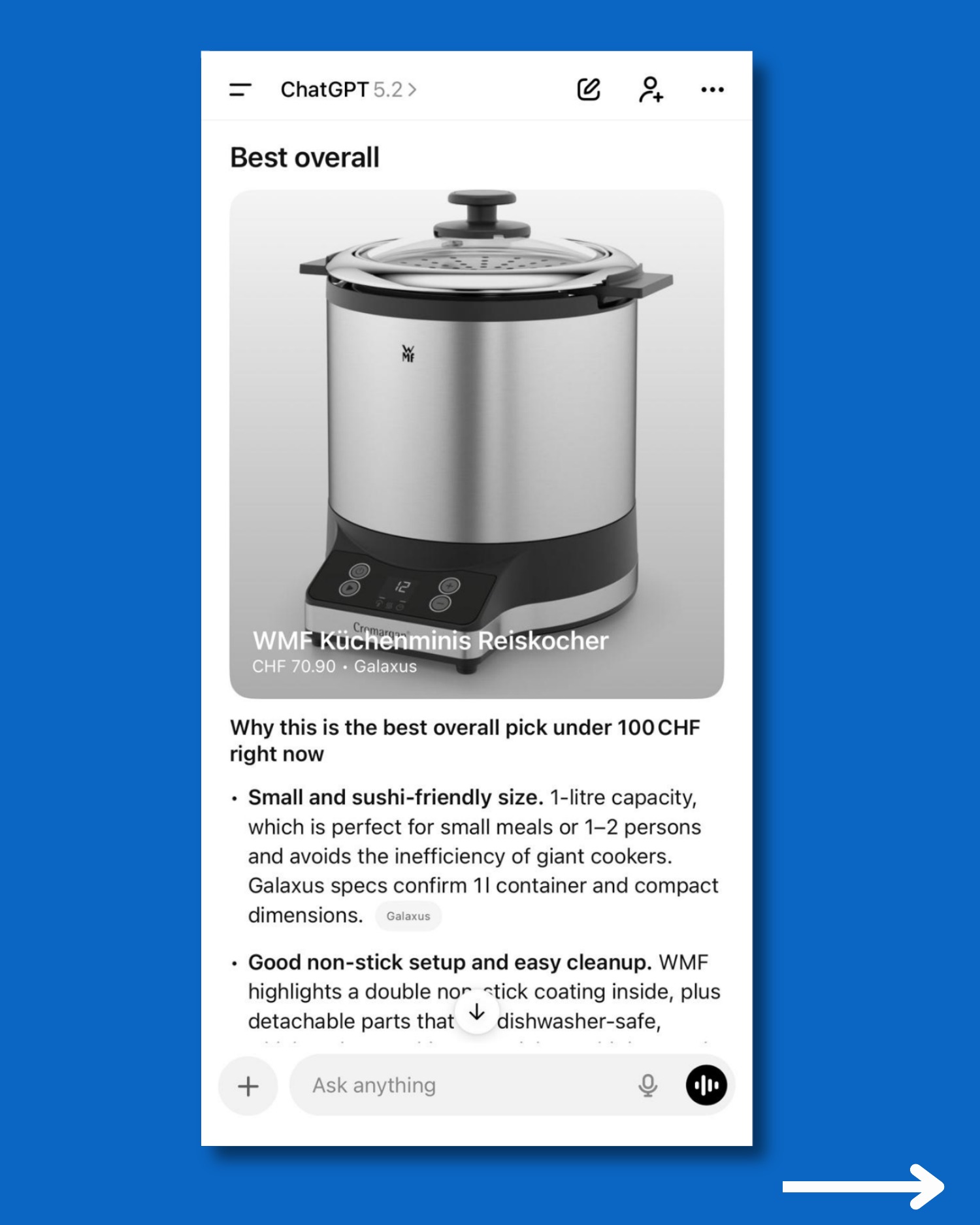 ChatGPT recommends the WMF Kitchenminis rice cooker as the best option under CHF 100, highlighting its compact one-litre capacity.