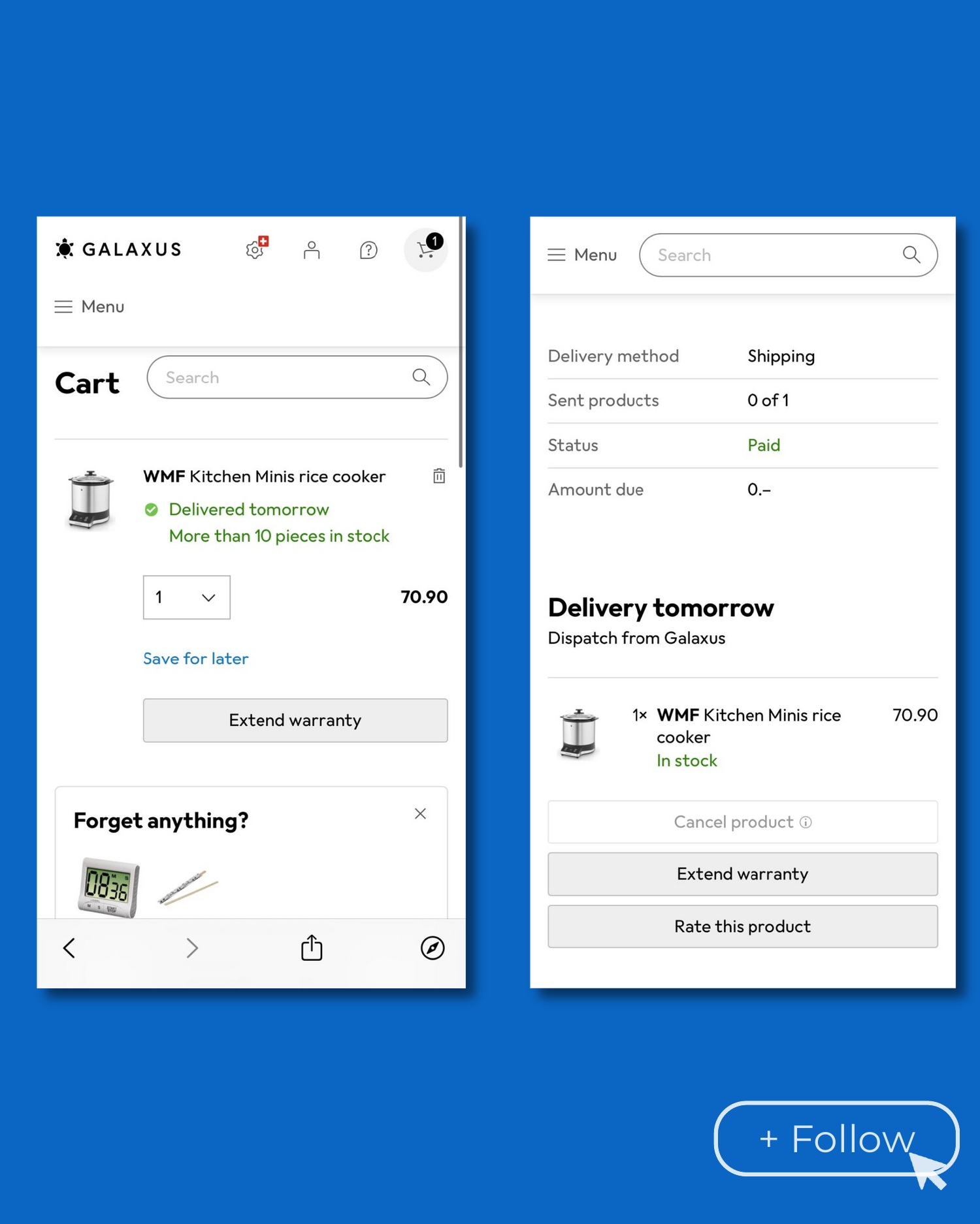 Galaxus checkout screens show the WMF Kitchenminis rice cooker in the cart, paid and scheduled for delivery tomorrow.