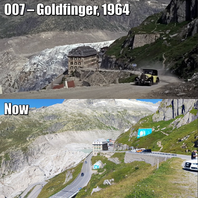 Then-and-now comparison of the Hotel Belvedere at Furka Pass, showing the Rhône Glacier beside it in 1964 and largely gone today.