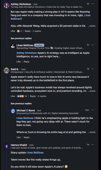 LinkedIn discussion featuring detailed, specific comments and thoughtful creator replies, contrasting with bot-like engagement.