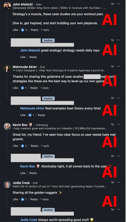 LinkedIn comments with formulaic praise and repetitive creator replies, each highlighted with an AI label.