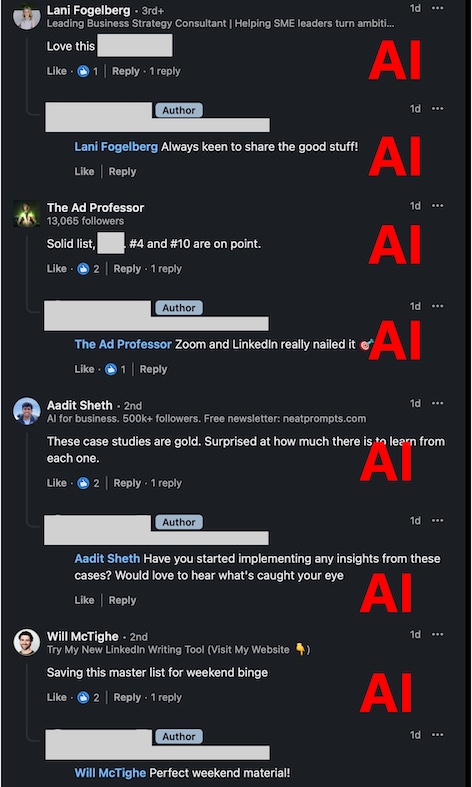 LinkedIn comment threads with several short, generic comments and creator replies labelled as AI-generated.