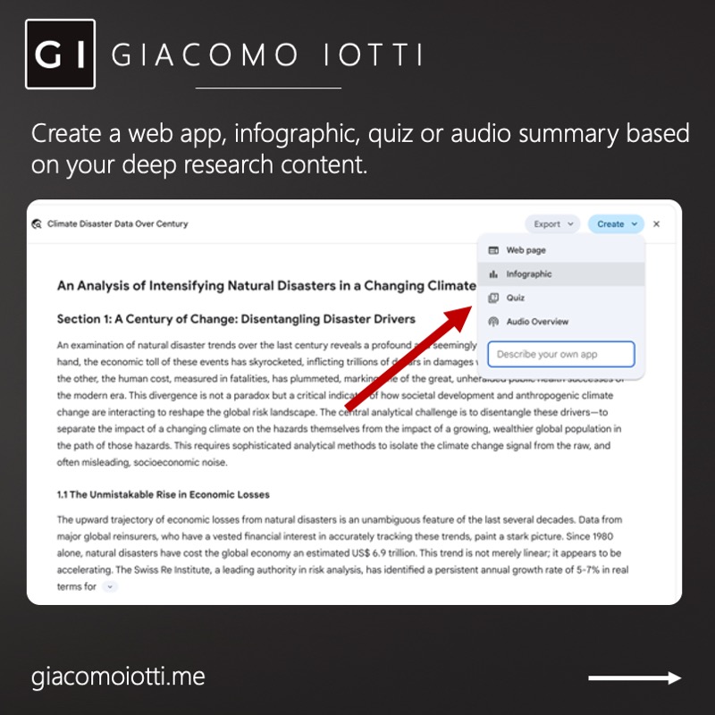 Gemini Deep Research Create menu offering a web page, infographic, quiz, audio overview and interactive app.