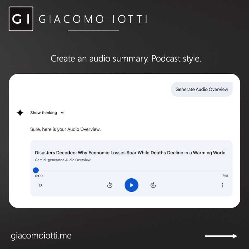 Gemini audio overview titled “Disasters Decoded: Tech, Money, and the Human Cost.”