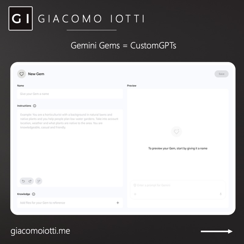 Gemini Gems setup screen for creating a custom AI assistant.