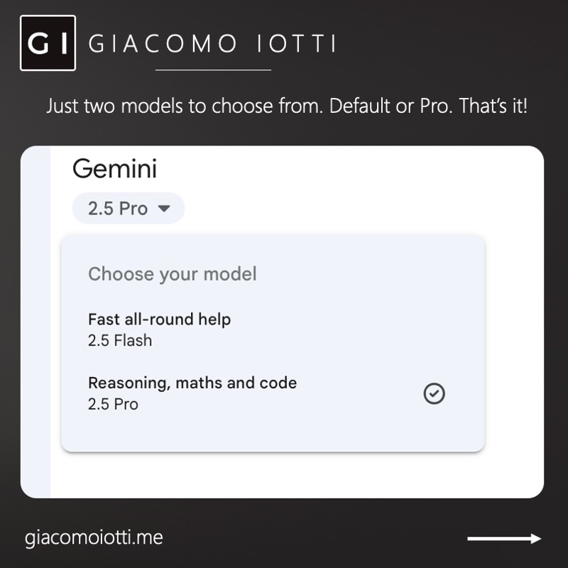 Gemini model picker offering 2.5 Flash for speed and 2.5 Pro for complex tasks.