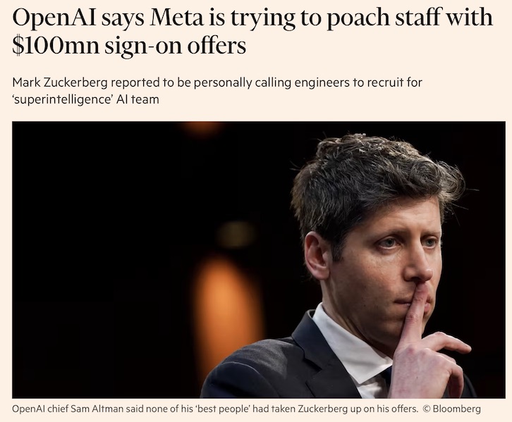 Headline reporting that Meta offered $100 million signing bonuses to poach OpenAI staff, above a photo of Sam Altman.