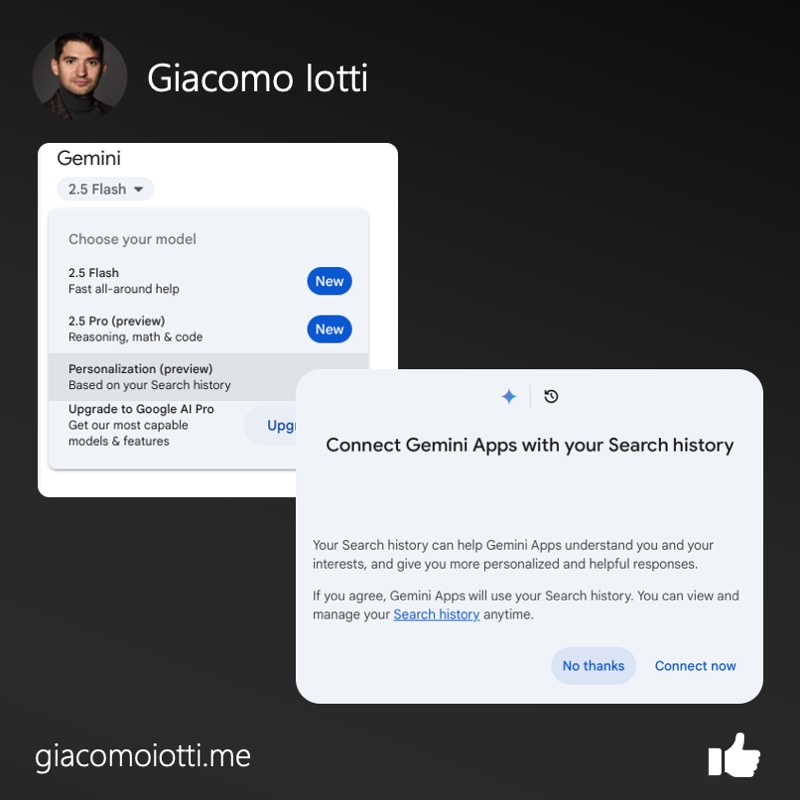 Gemini model menu with a prompt to connect Gemini Apps to the user’s Google Search history.
