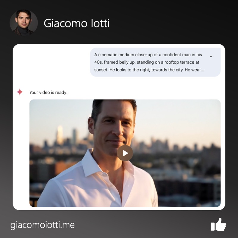Gemini Veo prompt and video preview of a man standing on a rooftop at sunset.