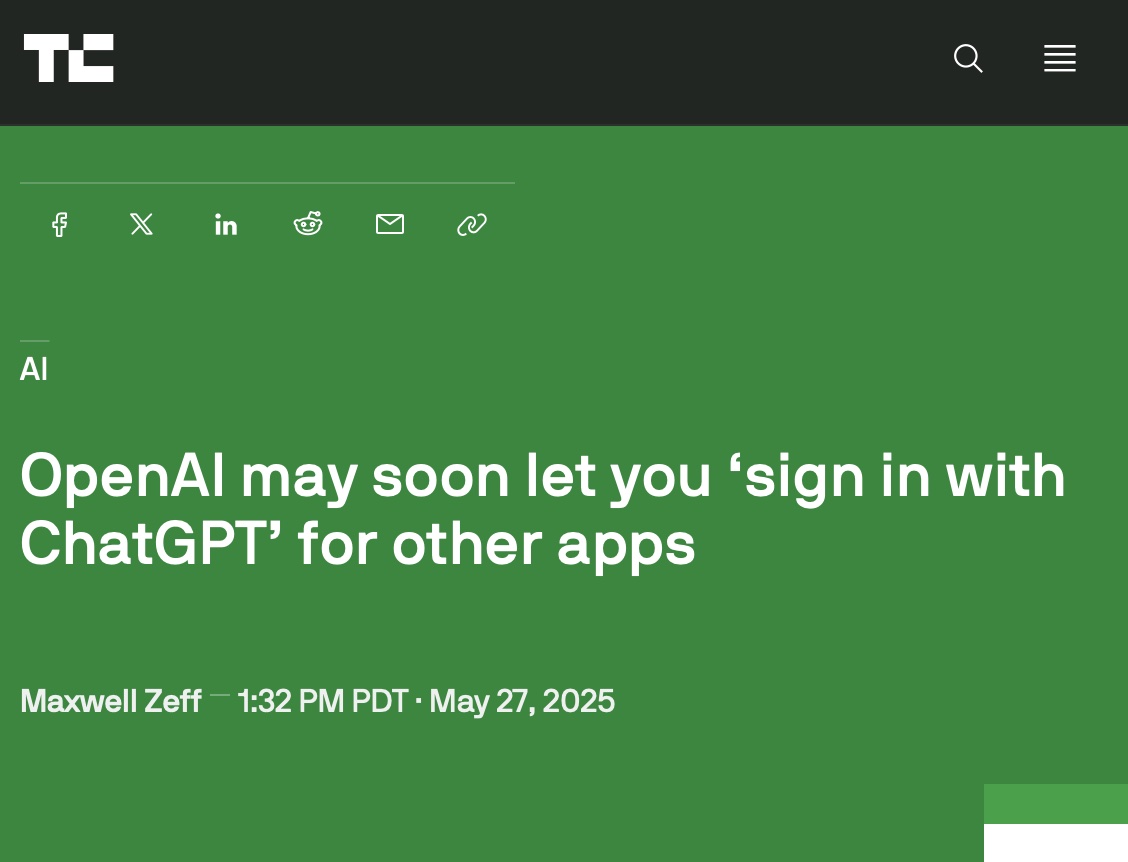 TechCrunch headline reporting that OpenAI may let users sign in to other apps with ChatGPT.
