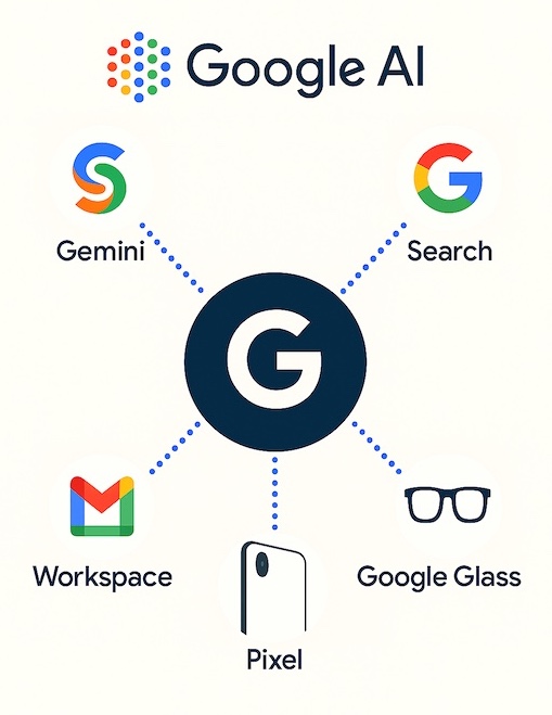 Google AI ecosystem diagram connecting Gemini with Search, Workspace, Gmail, Pixel and Google Glass.