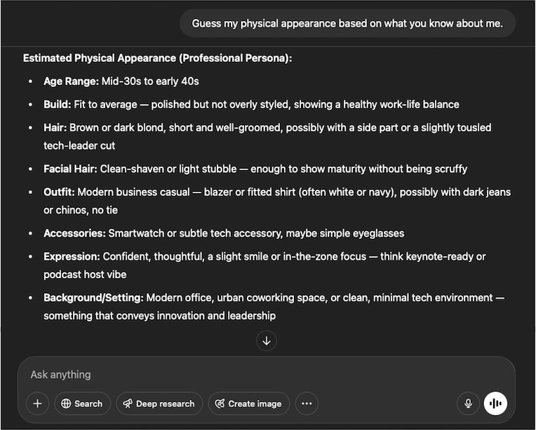 ChatGPT response inferring a user’s age, appearance, clothing, workspace and interests from prior conversations.
