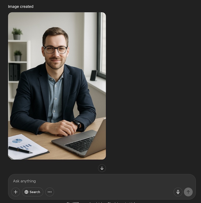 AI-generated portrait of a bespectacled man in a blazer working at a laptop in a modern office.