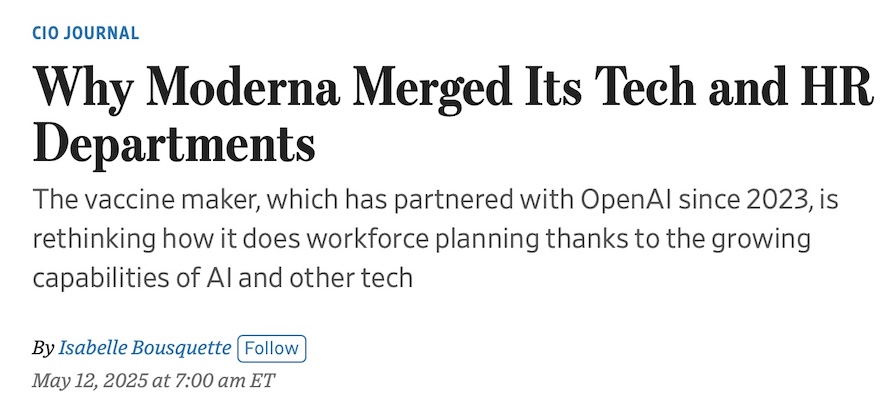 CIO Journal headline explaining why Moderna merged its technology and human resources departments.