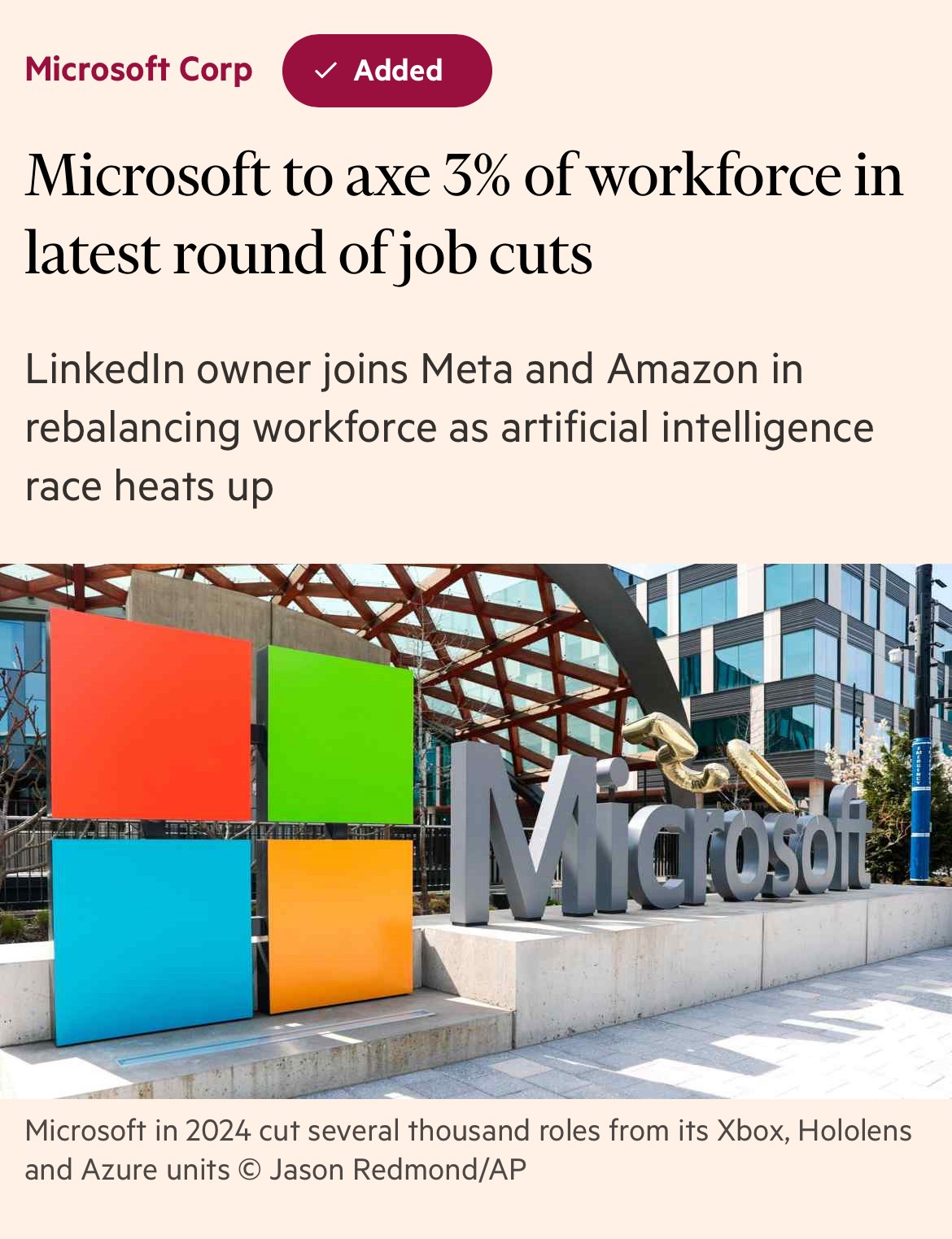 Headline announcing Microsoft will cut 3% of its workforce, above a photo of the company’s Redmond campus.