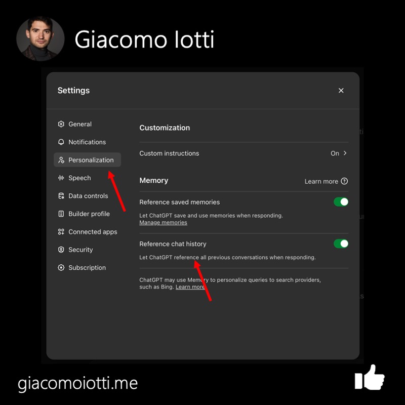 ChatGPT Personalization settings with Saved Memories and Chat History controls enabled.
