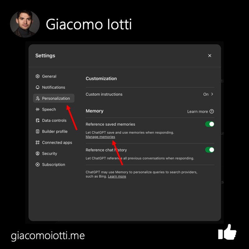 ChatGPT Personalization settings highlighting the Manage Memories control.