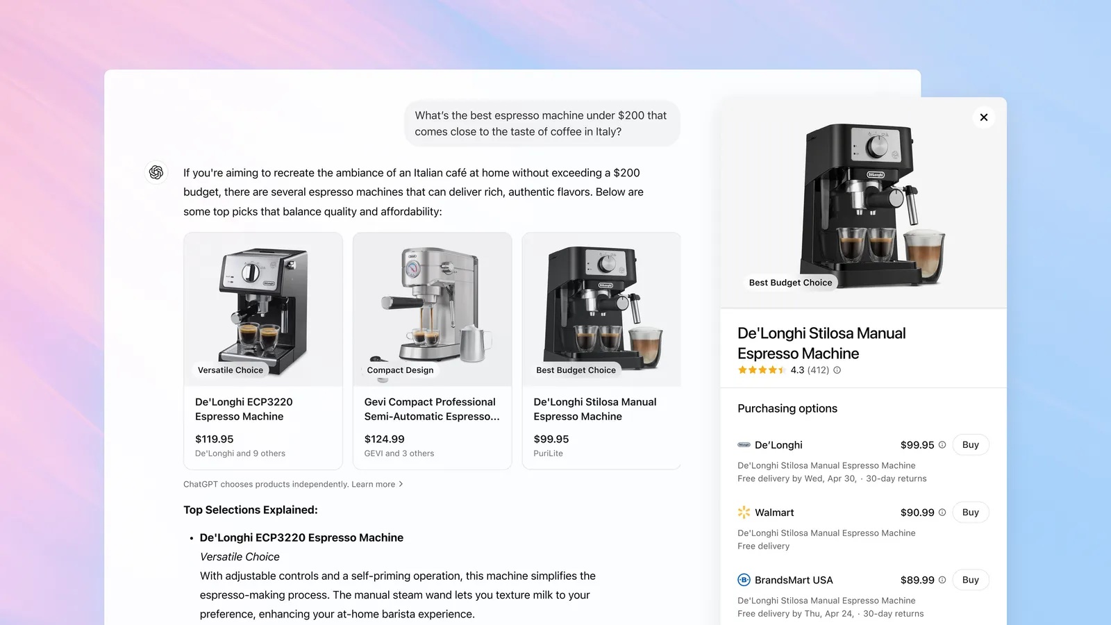 ChatGPT shopping results for espresso machines with product cards, prices, ratings and retailer purchase options.