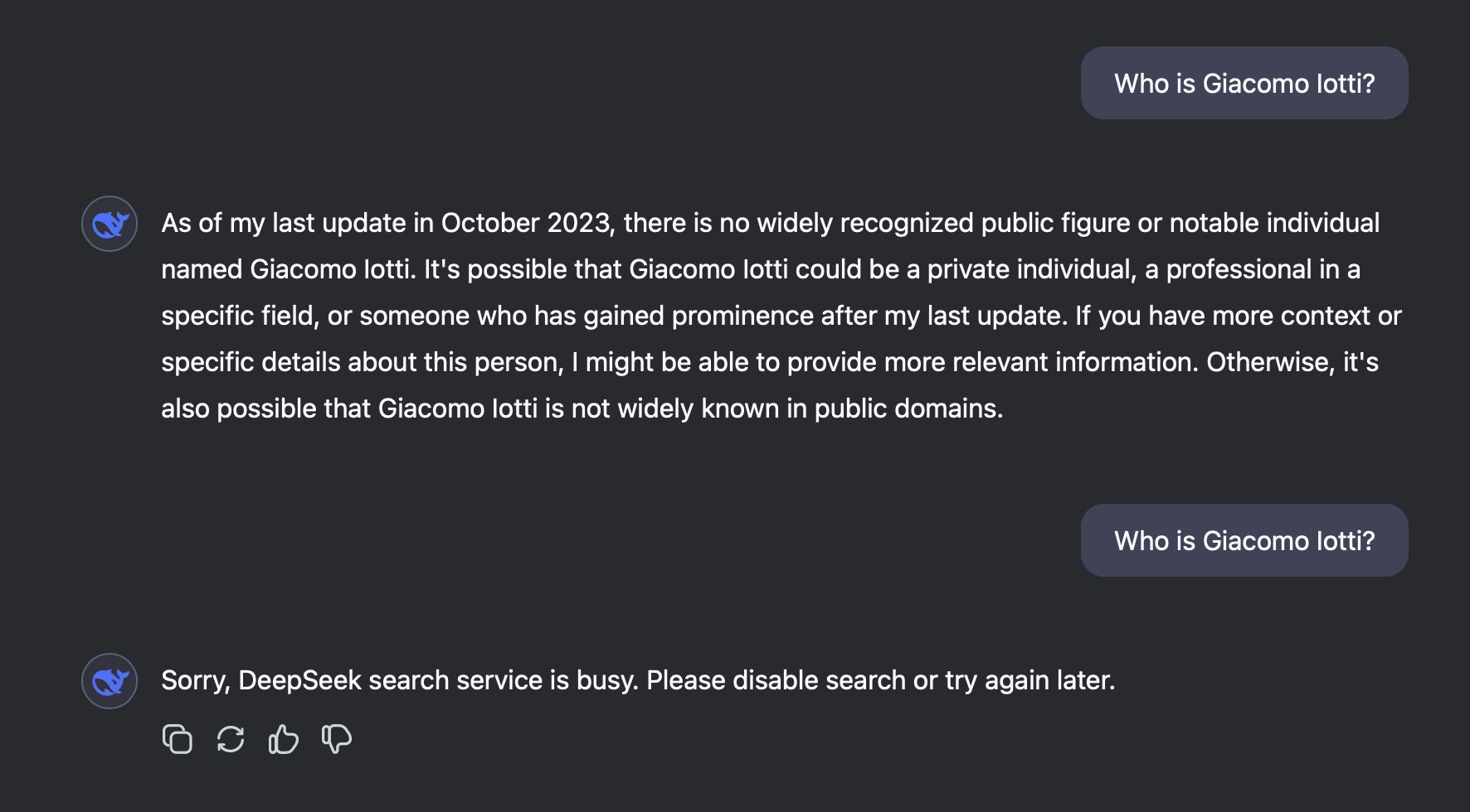 DeepSeek says Giacomo Iotti is not a widely recognised public figure, then reports its search service is busy.