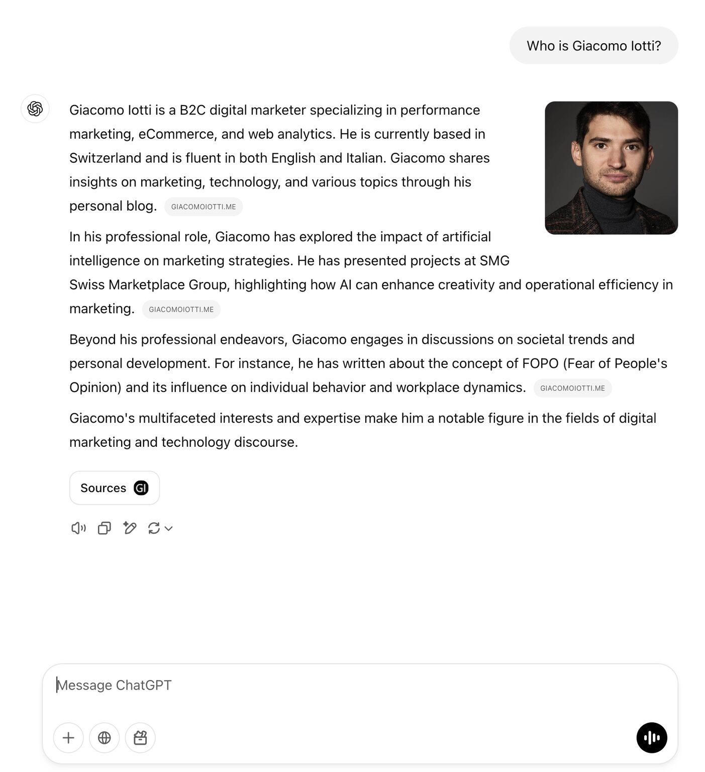 ChatGPT profiles Giacomo Iotti as a Switzerland-based B2C digital marketer and cites his personal blog.