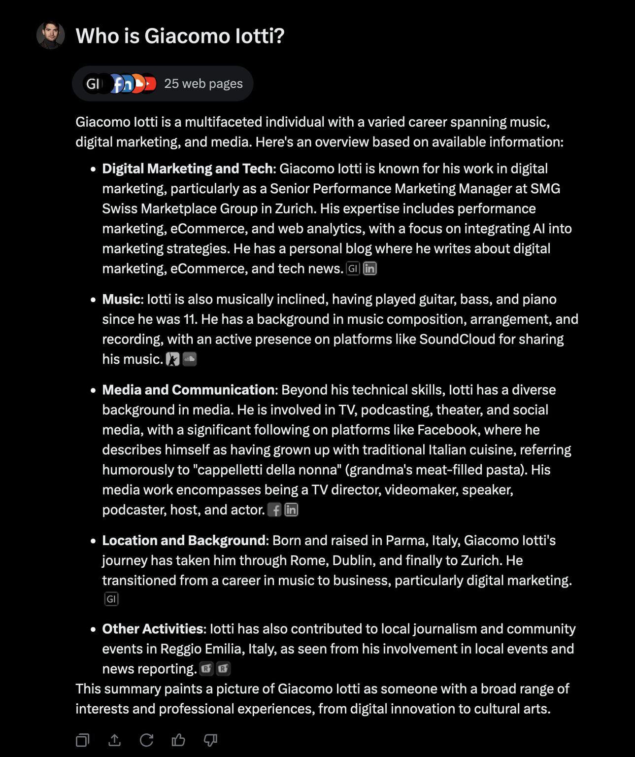 Grok gives Giacomo Iotti a mixed profile spanning digital marketing, music, media and local journalism.