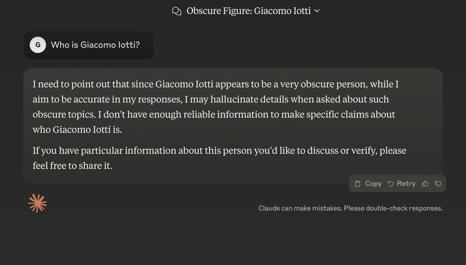 Claude calls Giacomo Iotti a very obscure person and says it lacks reliable information about him.