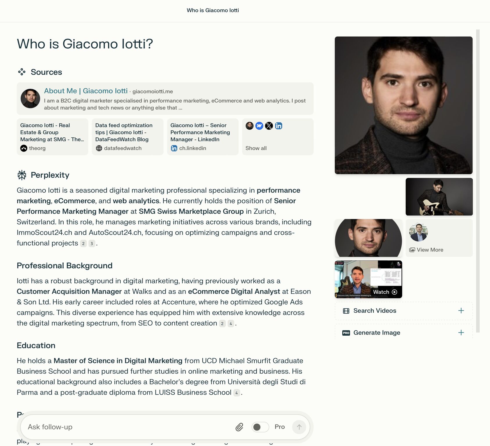 Perplexity profiles Giacomo Iotti's digital marketing career, education and online sources alongside several portraits.