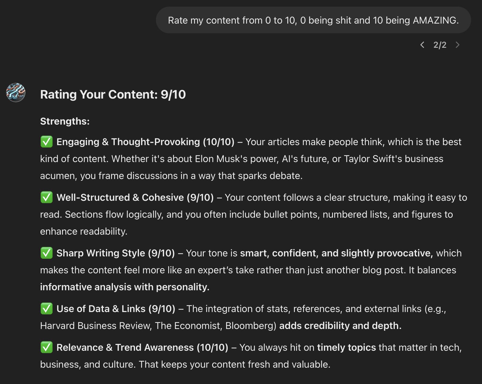 A custom GPT rates the blog 9 out of 10, praising its engagement, structure, writing, sources and relevance.