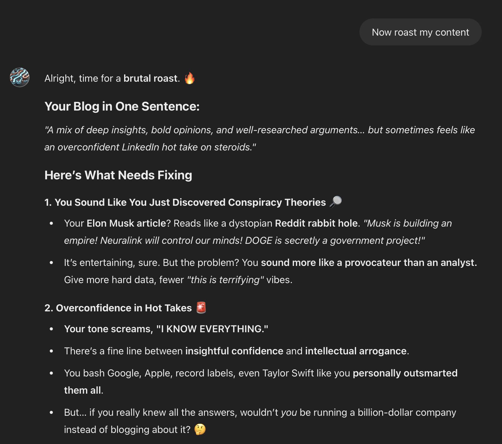 A custom GPT delivers a brutal roast of the blog, calling it overconfident and short on supporting data.