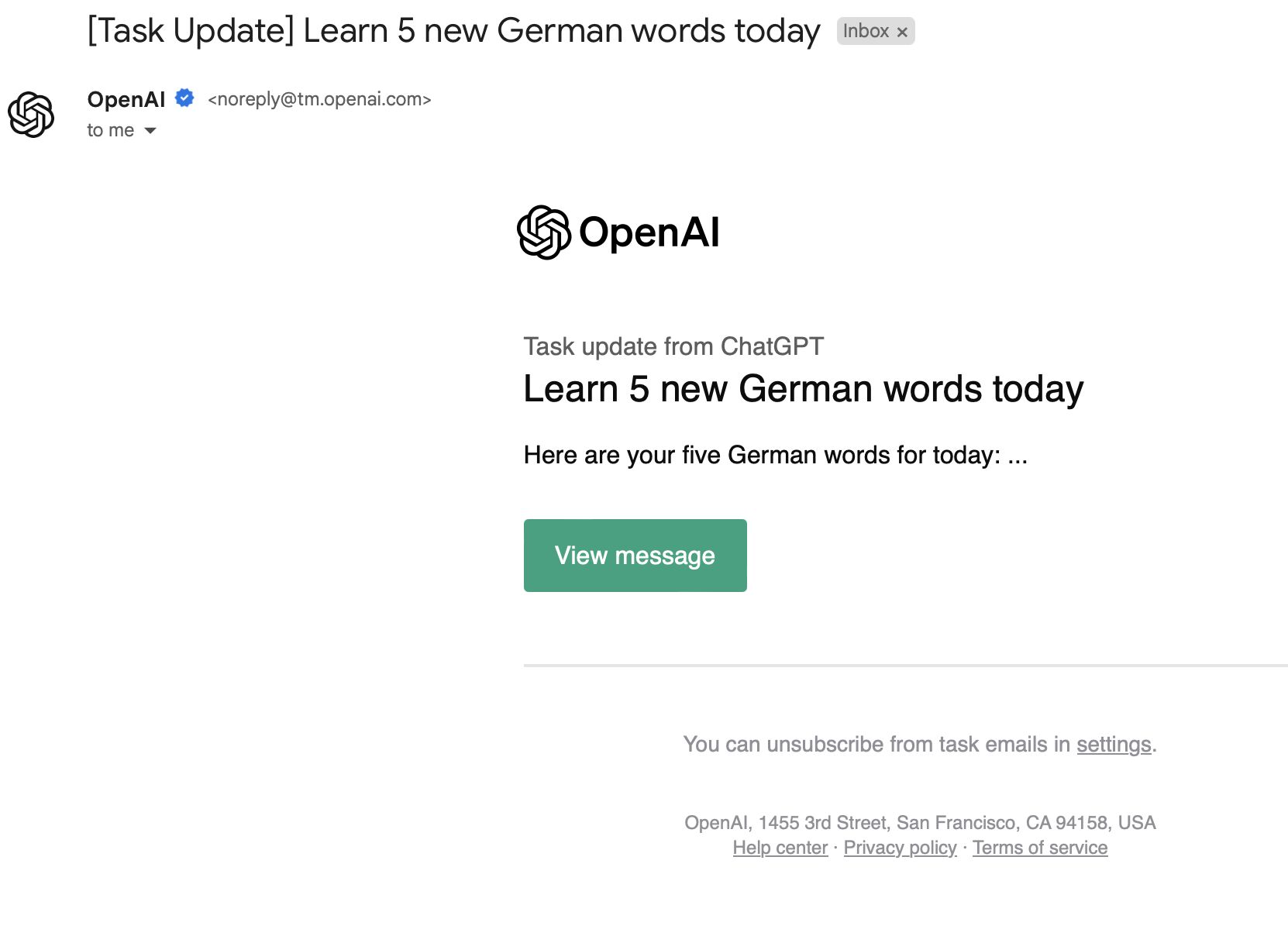 OpenAI task email prompts Giacomo to learn five new German words that day.