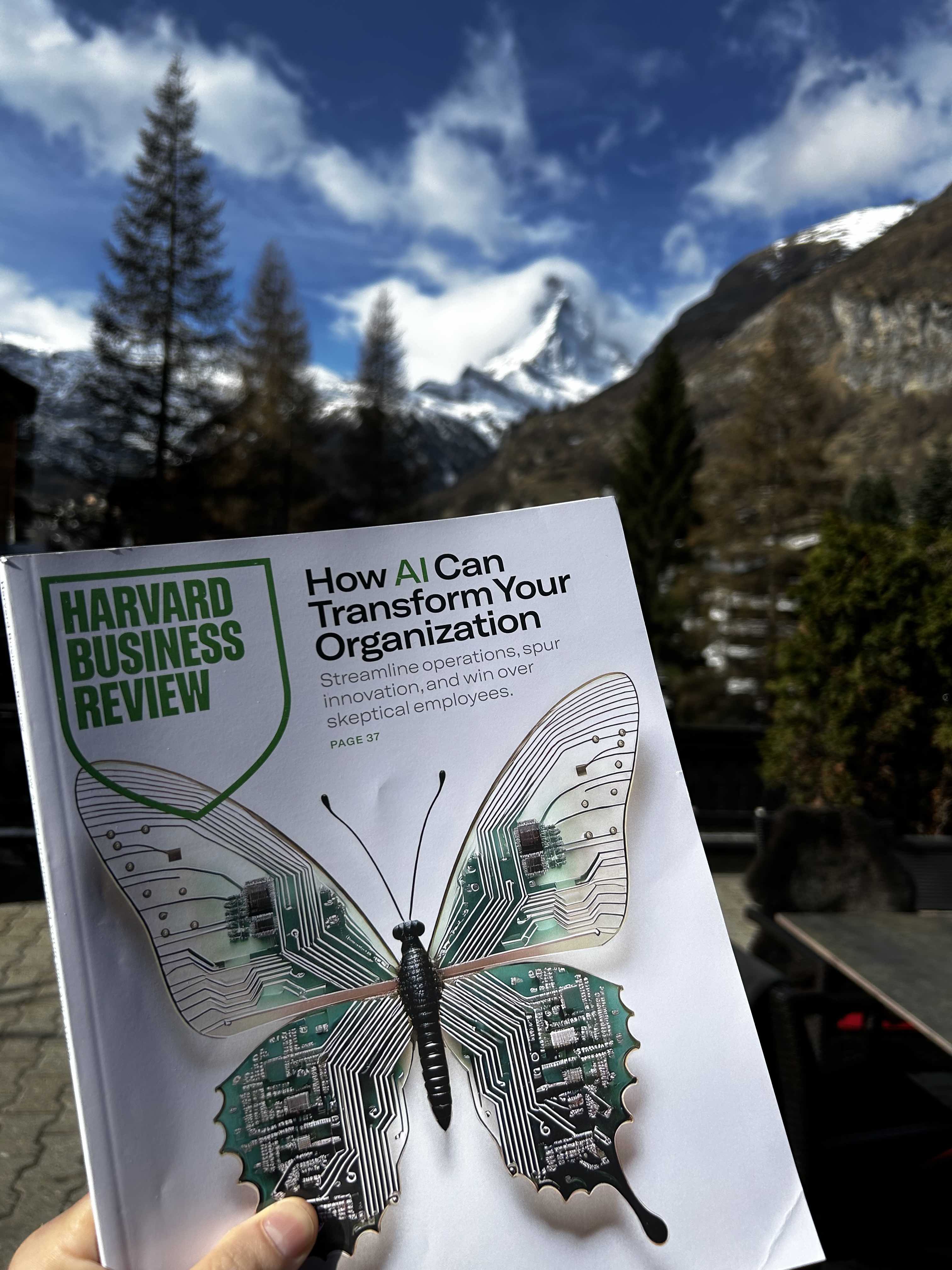 Harvard Business Review cover asks how AI can transform an organisation, illustrated with a circuit-board butterfly.