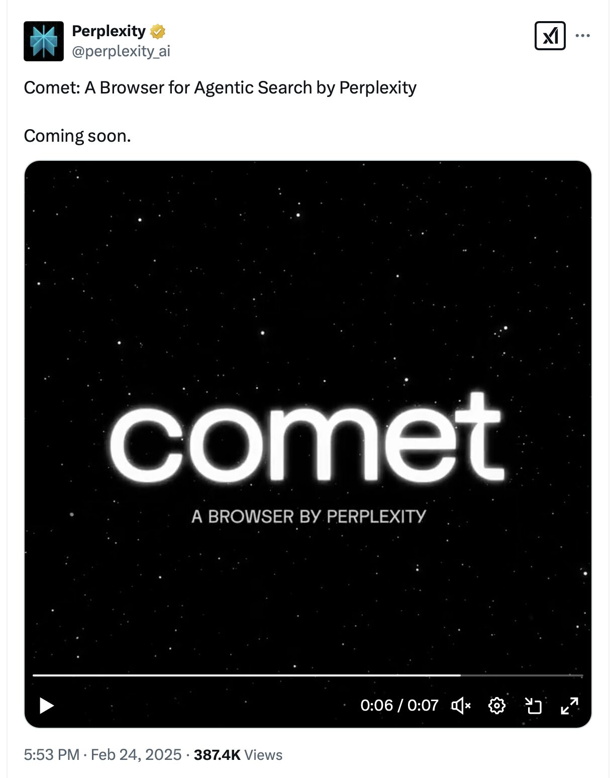 Perplexity's X post announces Comet, an agentic-search browser, over a starry promotional frame.