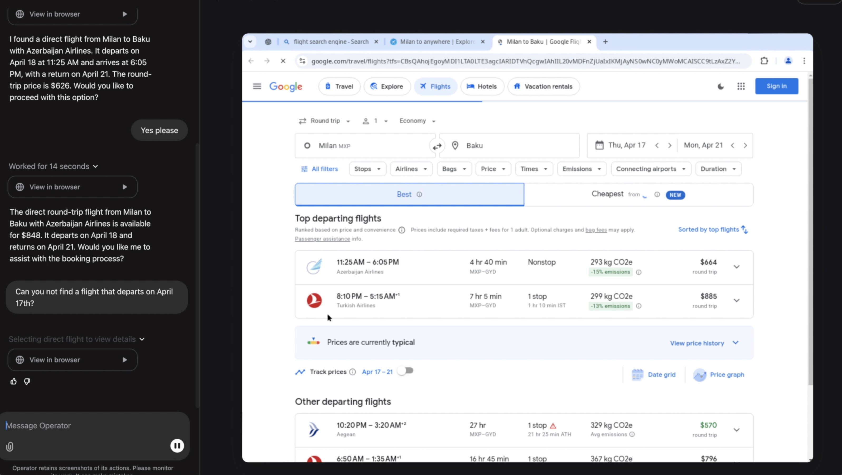 OpenAI Operator compares Milan–Baku flights in Google Flights after the user asks to change the departure date.