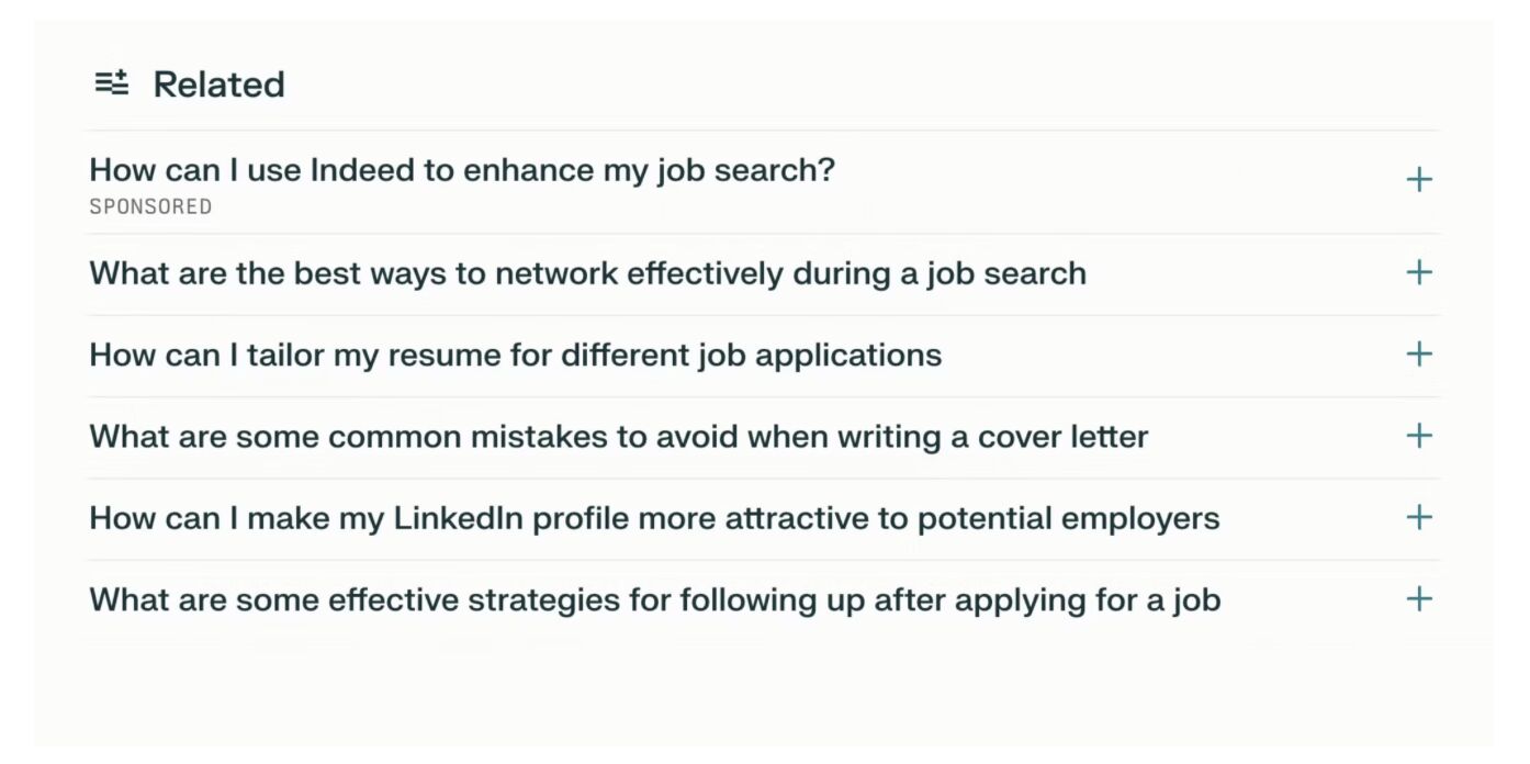 Perplexity displays related job-search questions, including a sponsored Indeed prompt.