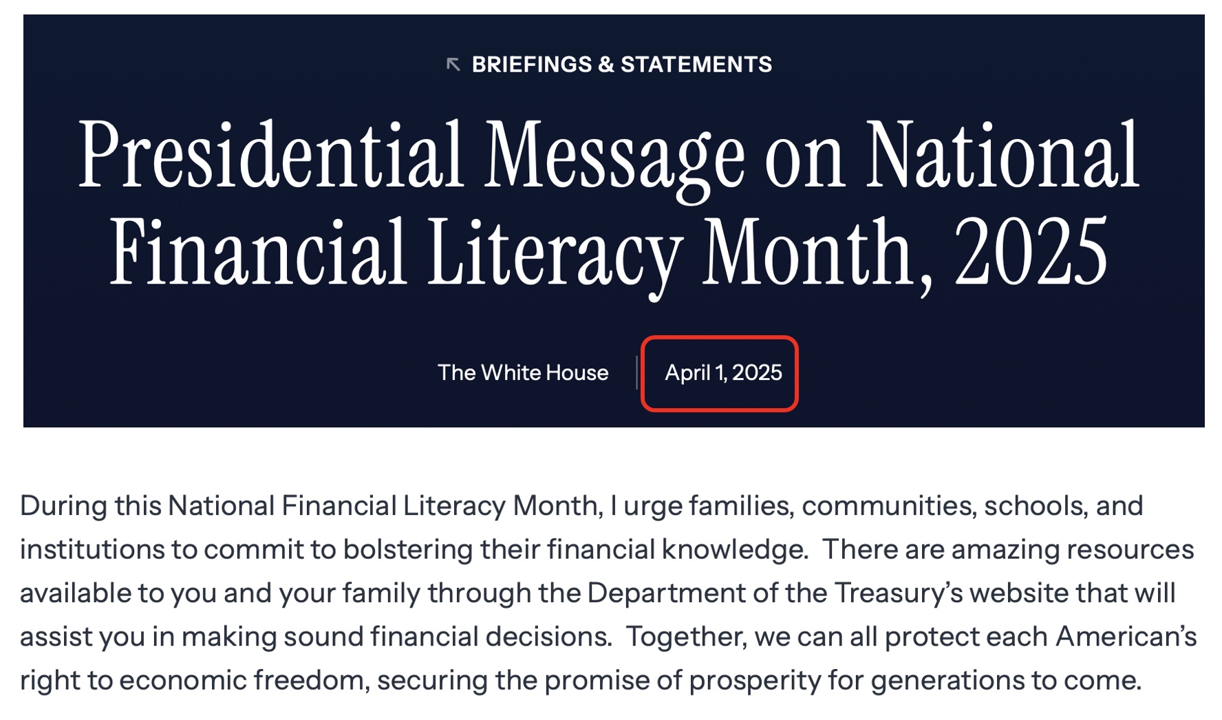 White House page for the April 1, 2025 Presidential Message on National Financial Literacy Month.